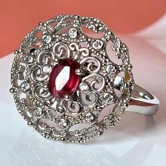 Natural Ruby 14K White Gold on 925 Sterling Silver Ring Sz 7.75 - Picture 1 of 6